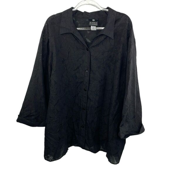 Maggie Barnes Black Tropical design crinkled button down 3/4 sleeves size 32W - Picture 1 of 8